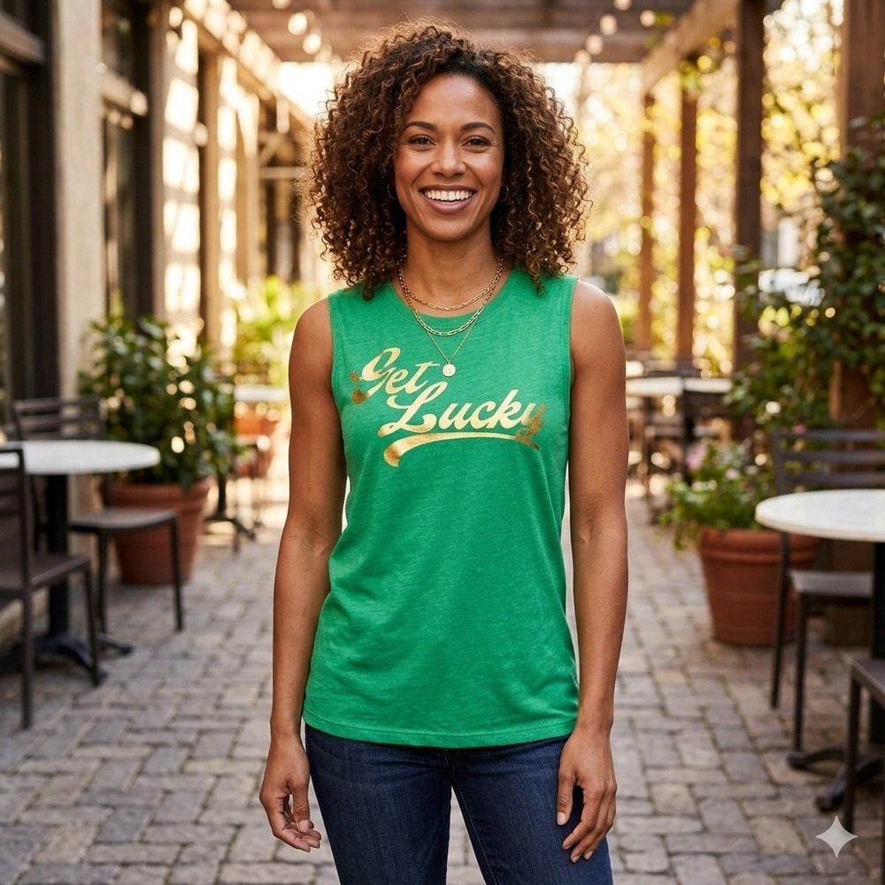 Modern Lux Get‎ Lucky Tank Top Juniors M Green Gold Foil St Patricks Day Graphic